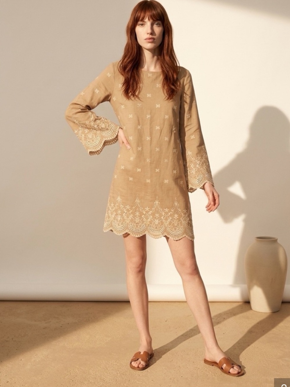 Sundance Royal Beauty Embroidered Eyelet Sheath Dress Tan 14